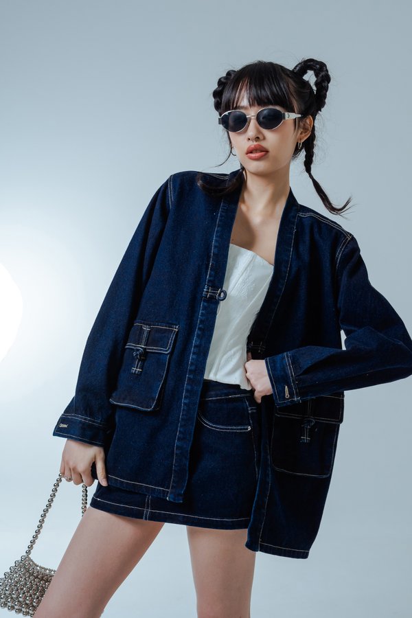 Eternity Denim Oversized Jacket in Indigo with Brown Threads
