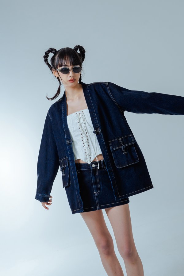 Eternity Denim Oversized Jacket in Indigo with Brown Threads