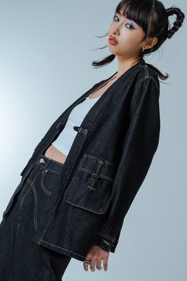 Eternity Denim Oversized Jacket in Grey Wash with Brown Threads