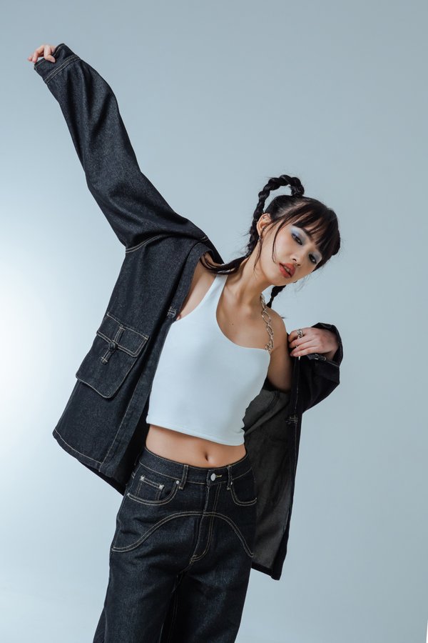 Eternity Denim Oversized Jacket in Grey Wash with Brown Threads