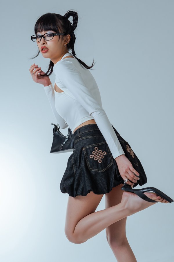 Blessin' Bubble Denim Mini Skirt in Grey Wash with Brown Threads