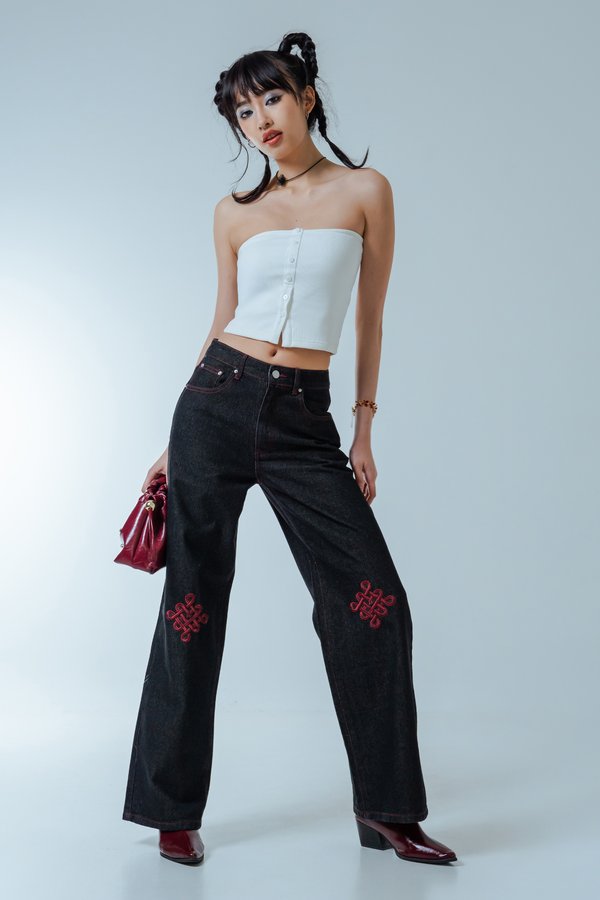 Lucky Knot Jeans in Grey Wash with Red Threads