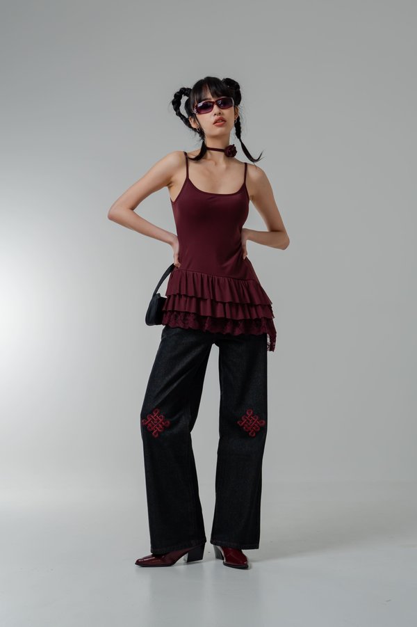 Tremor Mesh Laced Dress Top in Sangria Red