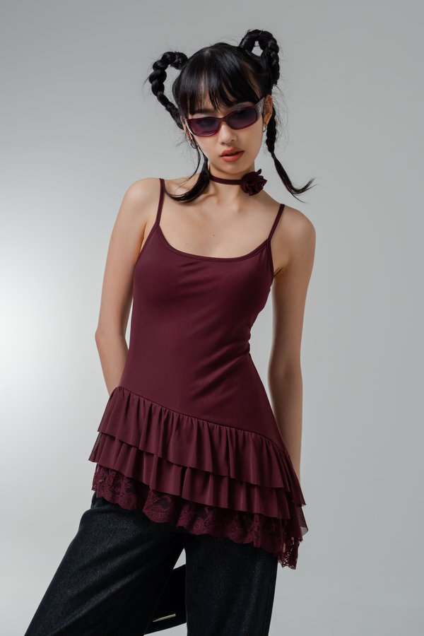 Tremor Mesh Laced Dress Top in Sangria Red