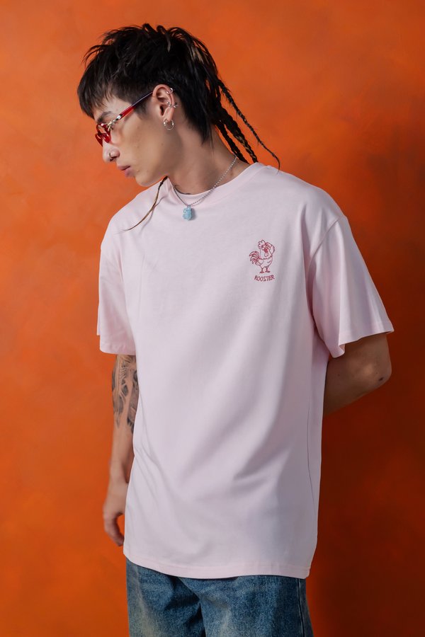 Confused Rooster Tee in Strawberry Pink