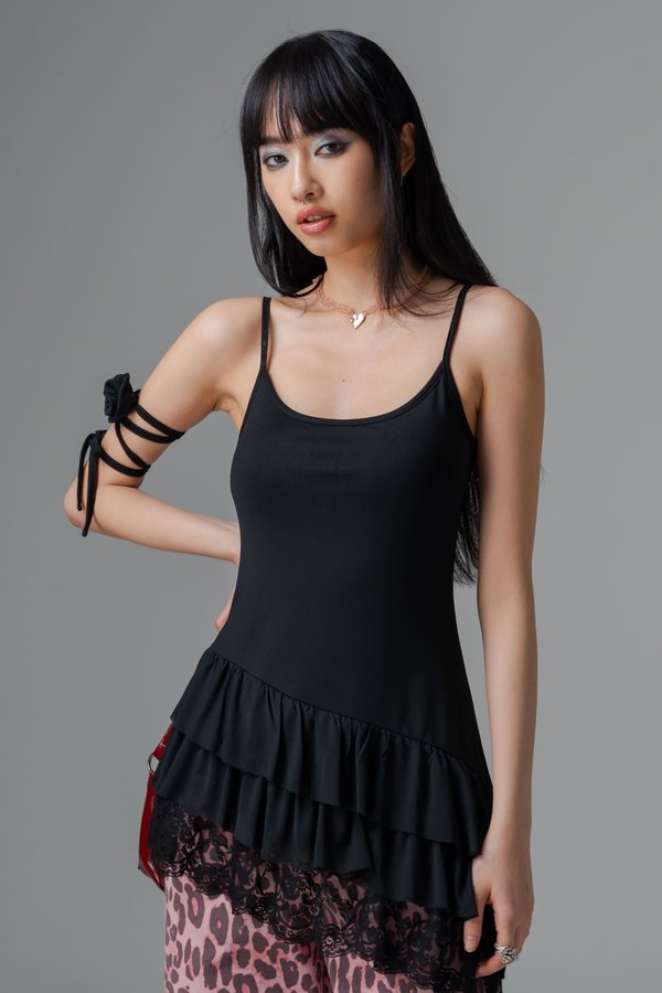 Tremor Mesh Laced Dress Top in Black