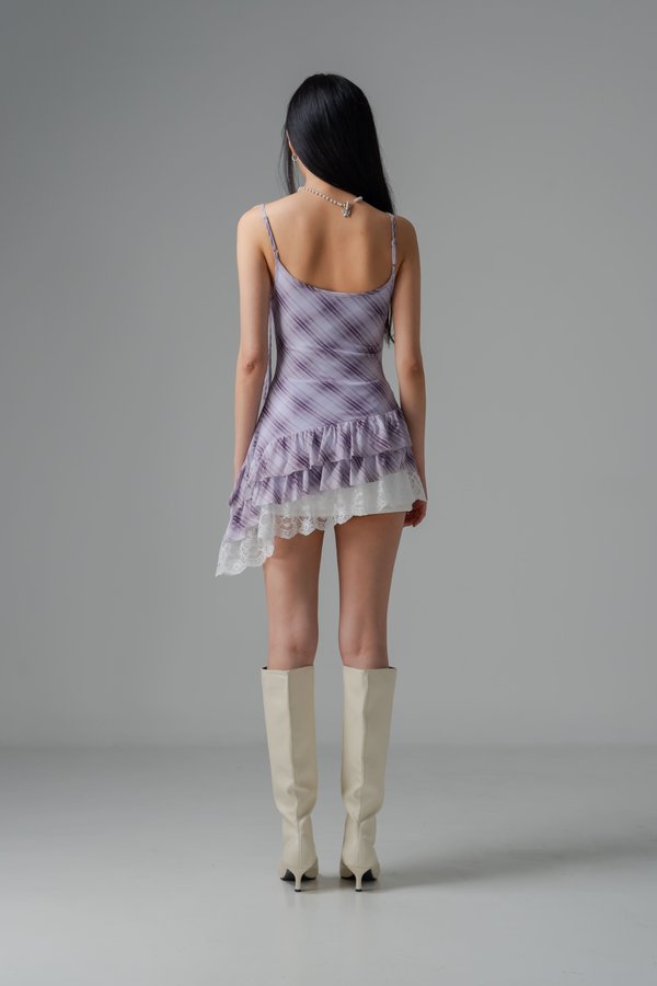 Tremor Mesh Laced Dress Top in Lilac Checkered