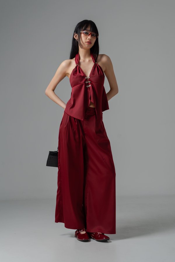 Centerpiece Satin Halter Top in Wine