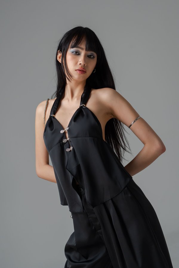 Centerpiece Satin Halter Top in Black