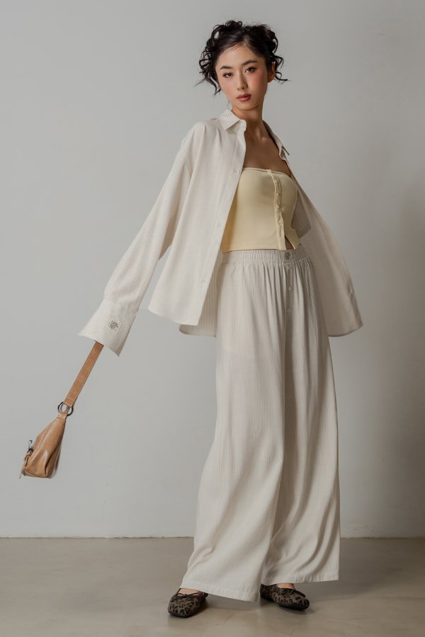 Sedate Lazy Oversized Shirt Button Top in Khaki Beige Stripes
