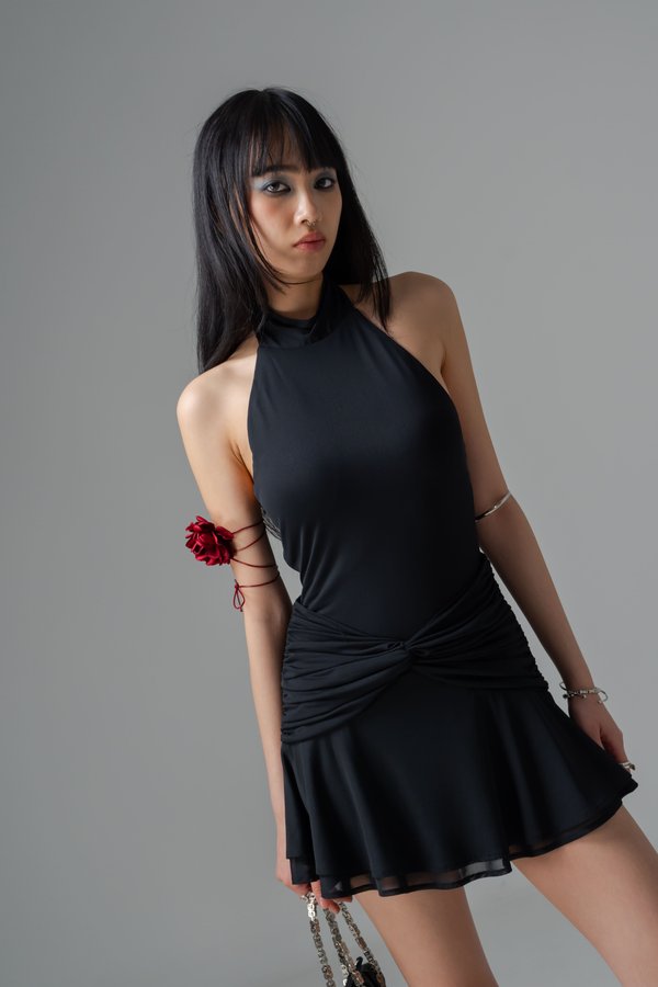 Timed Mesh Twist Dress in Black