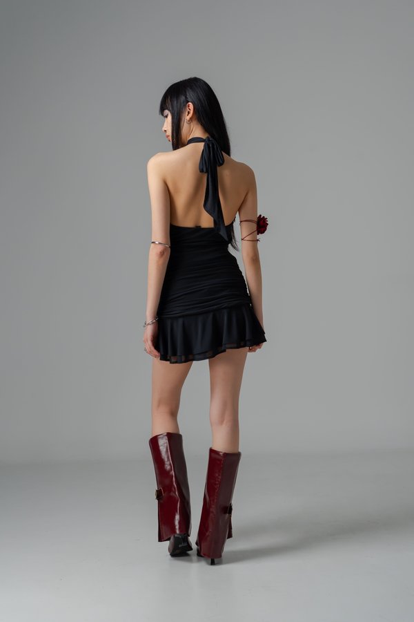 Timed Mesh Twist Dress in Black