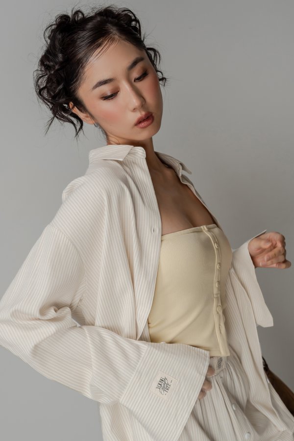 Sedate Lazy Oversized Shirt Button Top in Khaki Beige Stripes