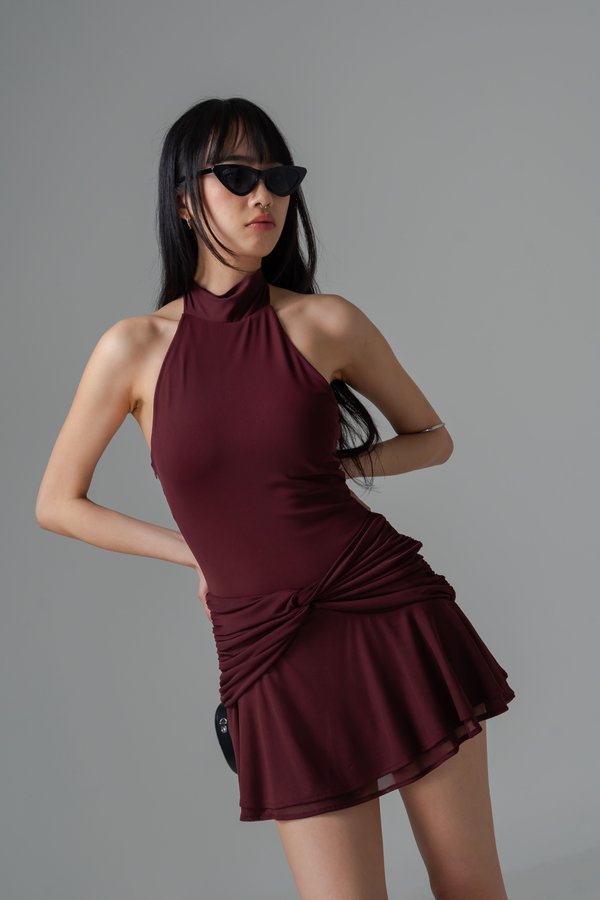 Timed Mesh Twist Dress in Sangria Red