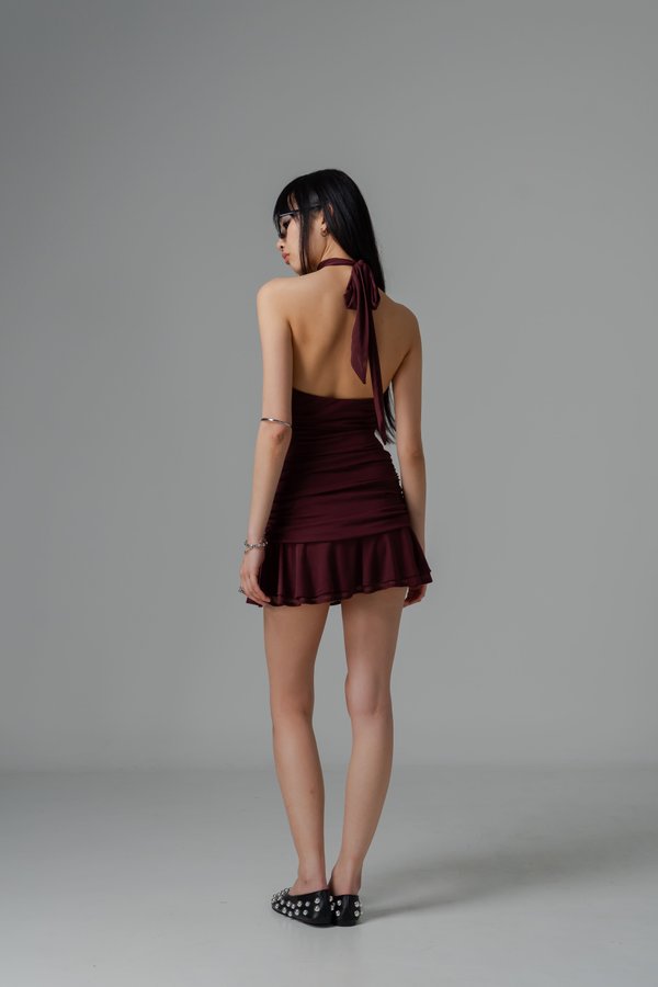 Timed Mesh Twist Dress in Sangria Red
