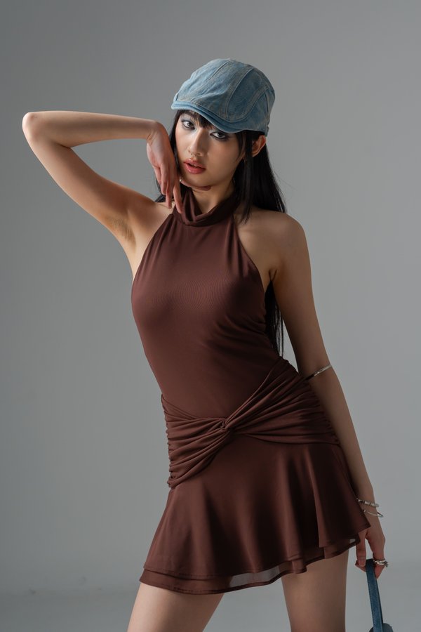 Timed Mesh Twist Dress in Espresso