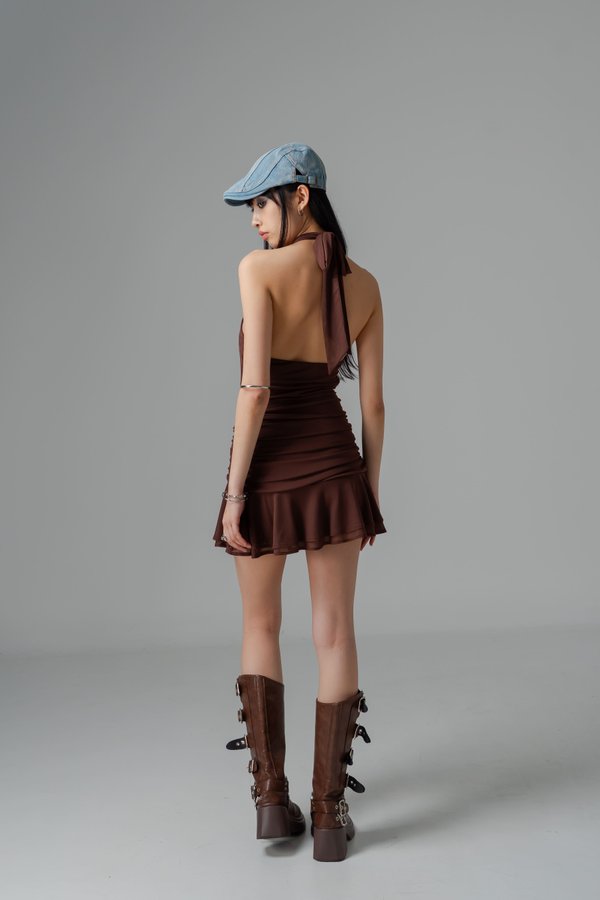 Timed Mesh Twist Dress in Espresso