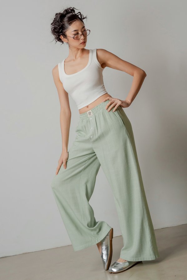 R&amp;R Relaxed Lounge Button Pants in Apple Green Stripes