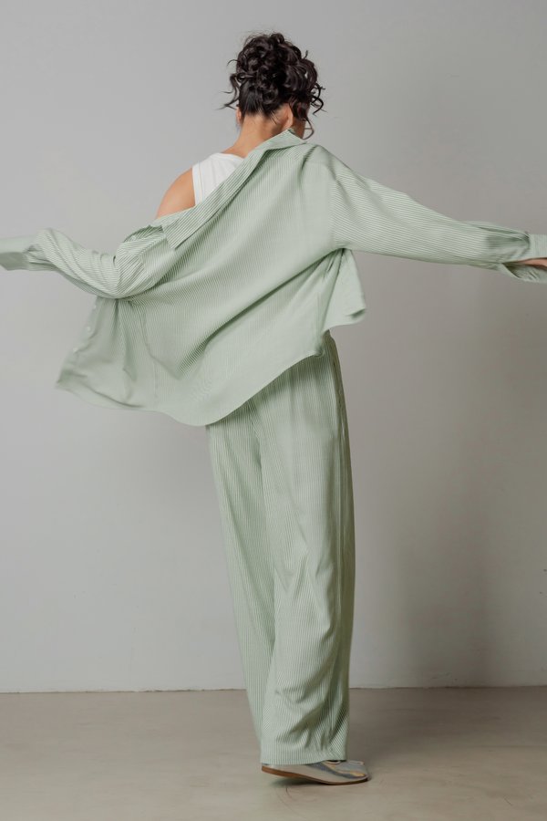 Sedate Lazy Oversized Shirt Button Top in Apple Green Stripes