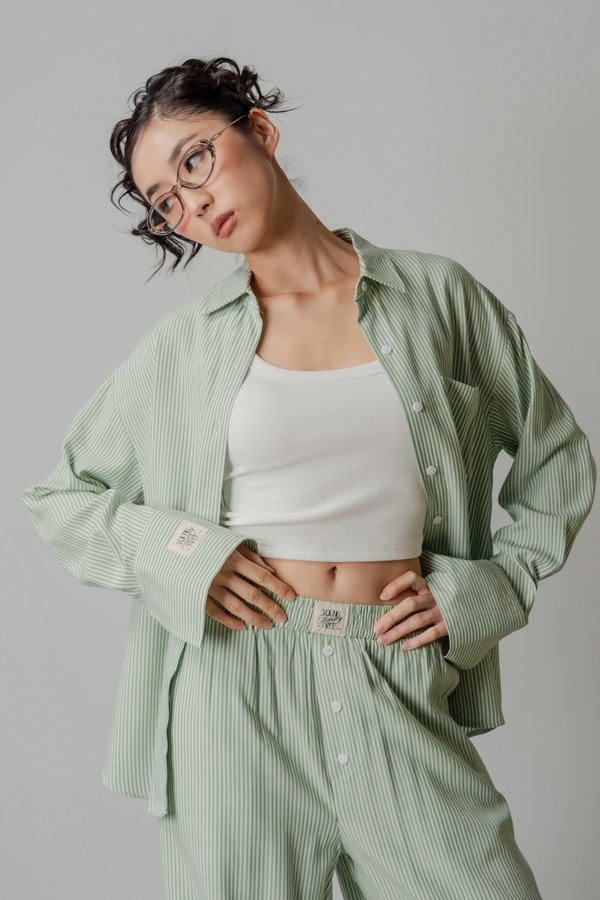 Sedate Lazy Oversized Shirt Button Top in Apple Green Stripes