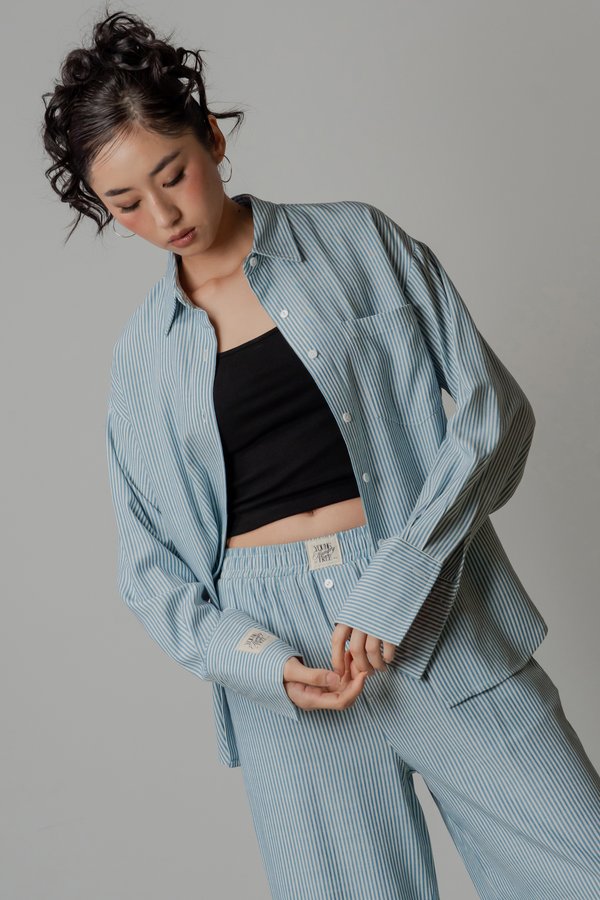 Sedate Lazy Oversized Shirt Button Top in Teal Stripes