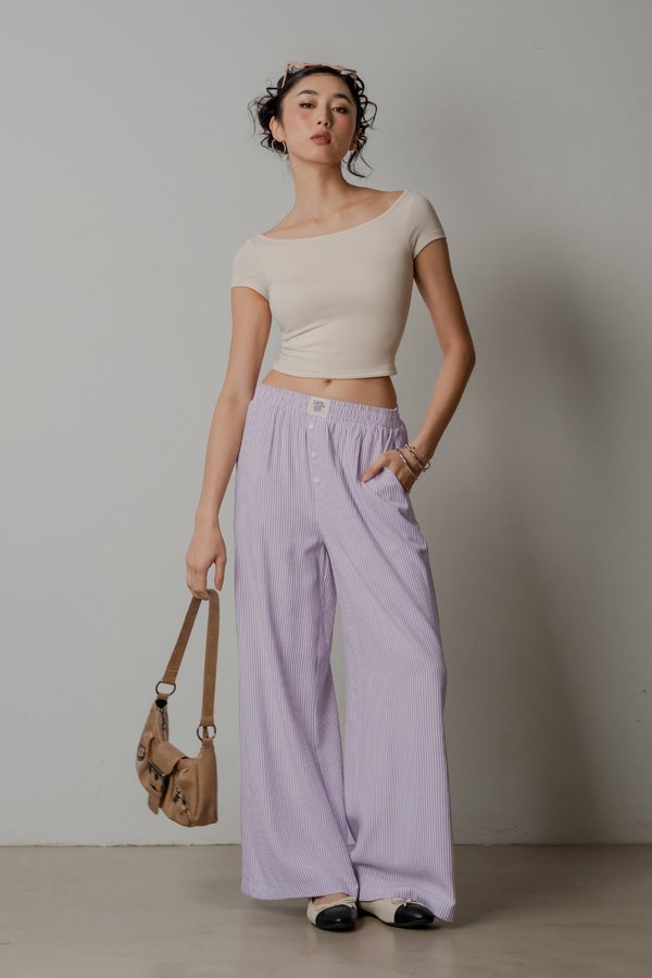 R&amp;R Relaxed Lounge Button Pants in Lavender Stripes