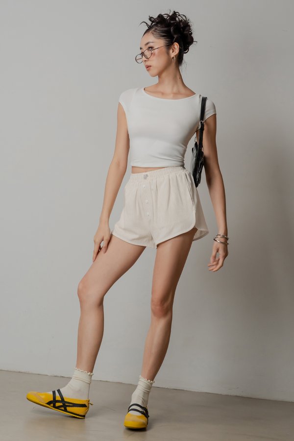 Boxer Relax Lounge Button Shorts in Khaki Beige Stripes