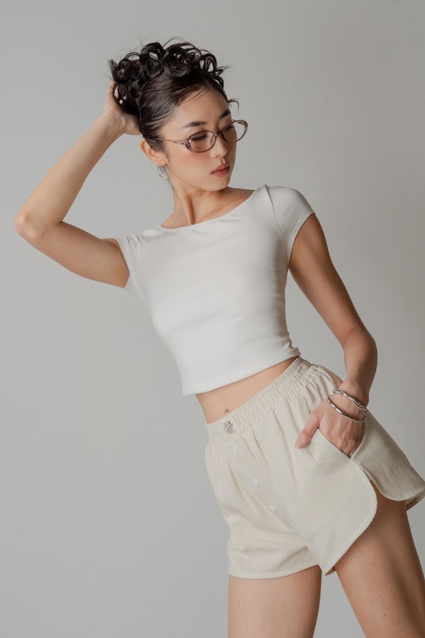 Boxer Relax Lounge Button Shorts in Khaki Beige Stripes