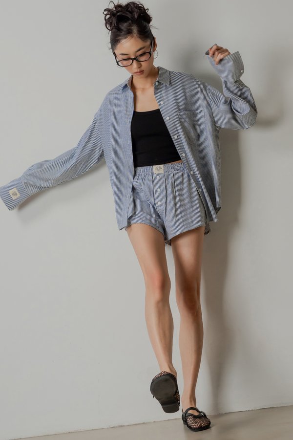 Sedate Lazy Oversized Shirt Button Top in Navy Stripes