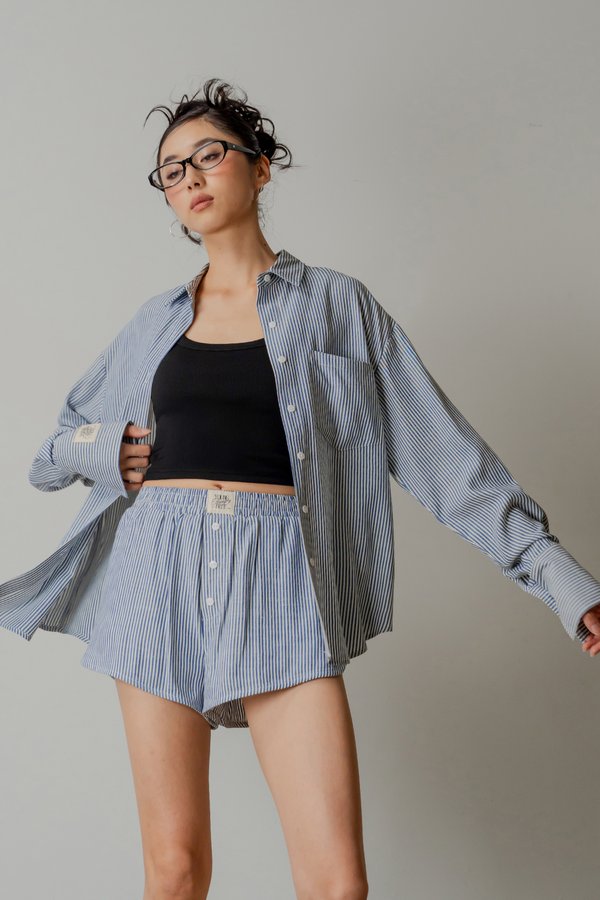 Sedate Lazy Oversized Shirt Button Top in Navy Stripes