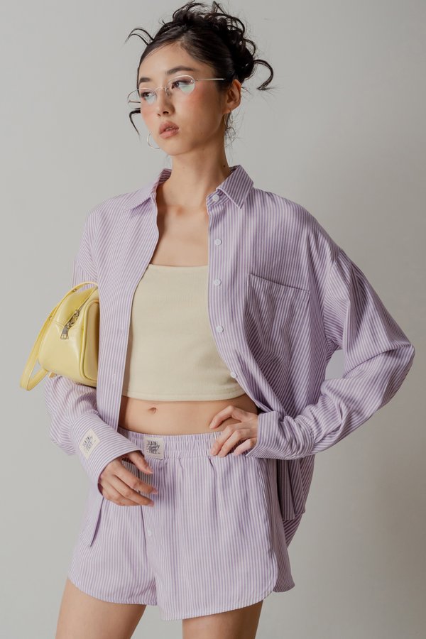 Sedate Lazy Oversized Shirt Button Top in Lavender Stripes