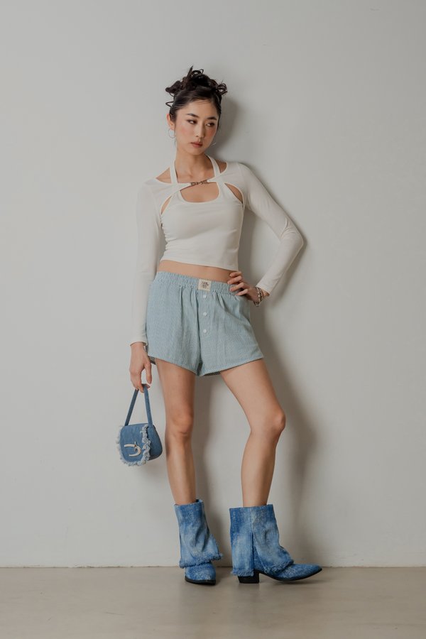 Boxer Relax Lounge Button Shorts in Teal Stripes