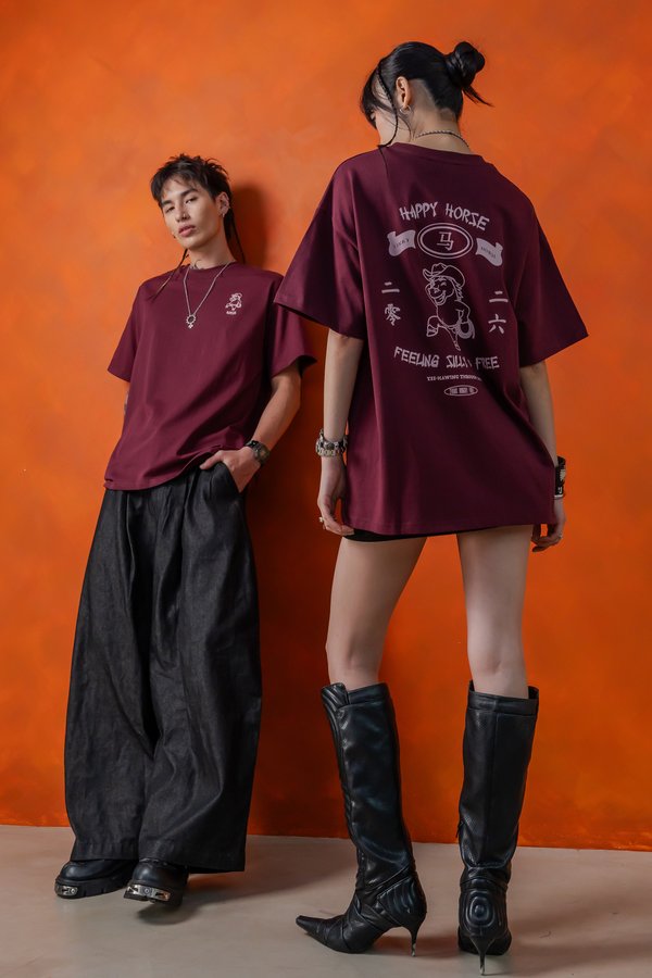 Happy Horse Tee in Dark Carmine