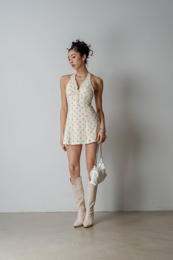 Blush Button Halter Dress In Blue Floral