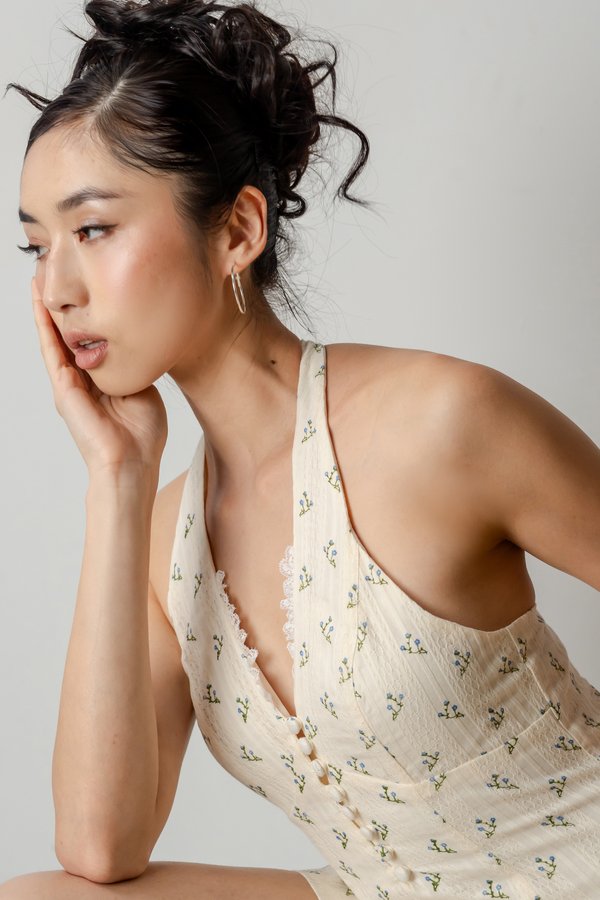 Blush Button Halter Dress In Blue Floral