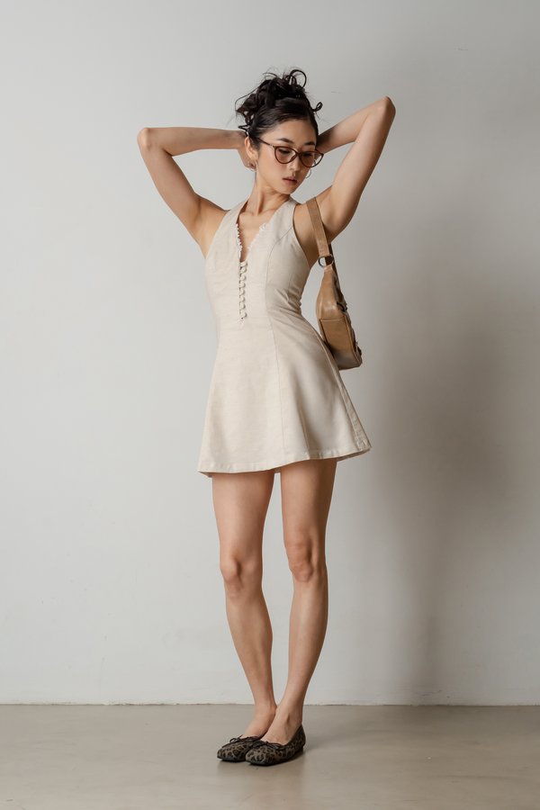 Blush Button Halter Dress In Linen Beige