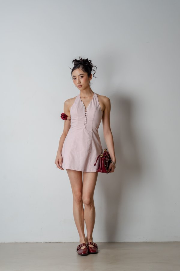 Blush Button Halter Dress In Blush Linen