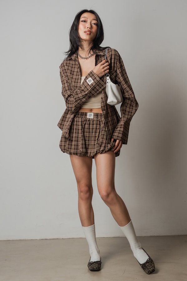 Sedate Lazy Oversized Shirt Button Top in Cocoa Brown Checkered