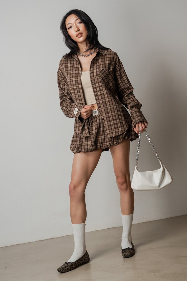 Sedate Lazy Oversized Shirt Button Top in Cocoa Brown Checkered