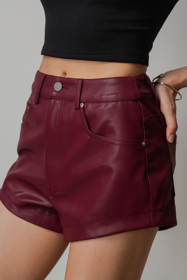 007 Leather High Waisted Shorts In Mahogany Red