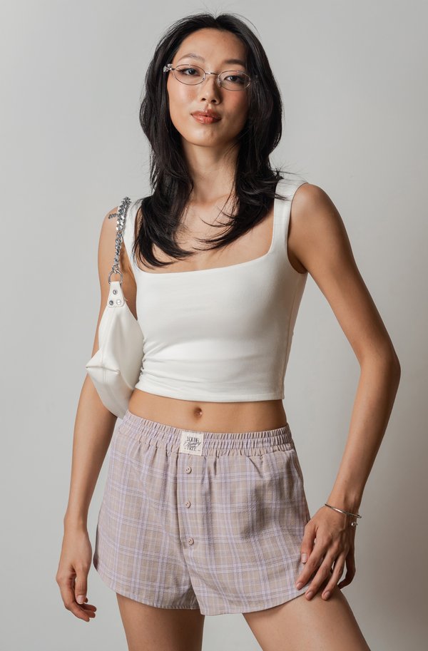 Boxer Relax Lounge Button Shorts in Lavender Grey Checkered