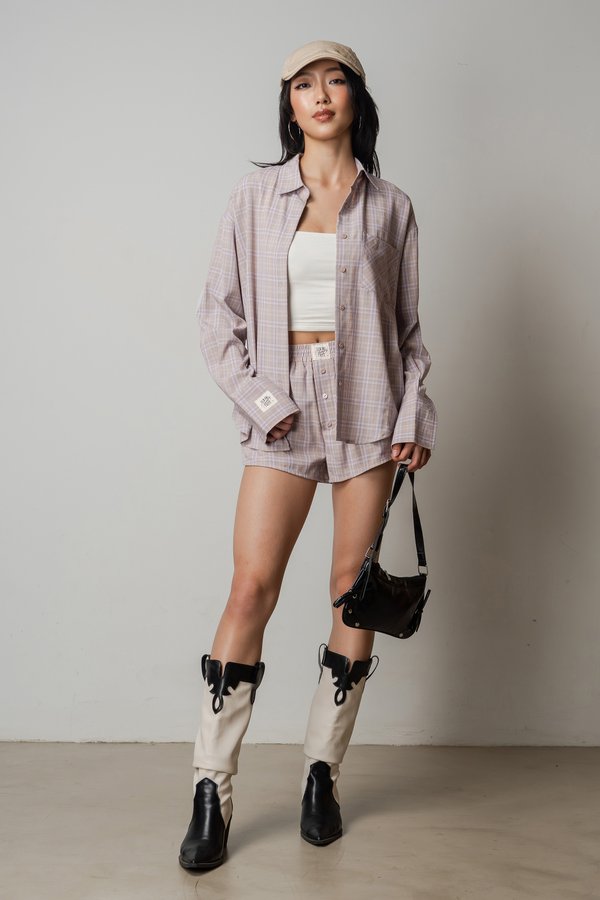 Sedate Lazy Oversized Shirt Button Top in Lavender Grey Checkered