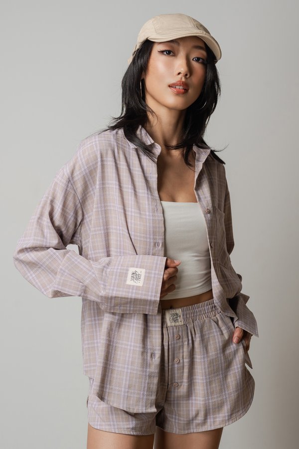 Sedate Lazy Oversized Shirt Button Top in Lavender Grey Checkered