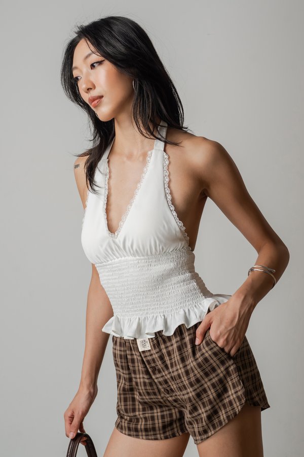 Boxer Relax Lounge Button Shorts in Cocoa Brown Checkered