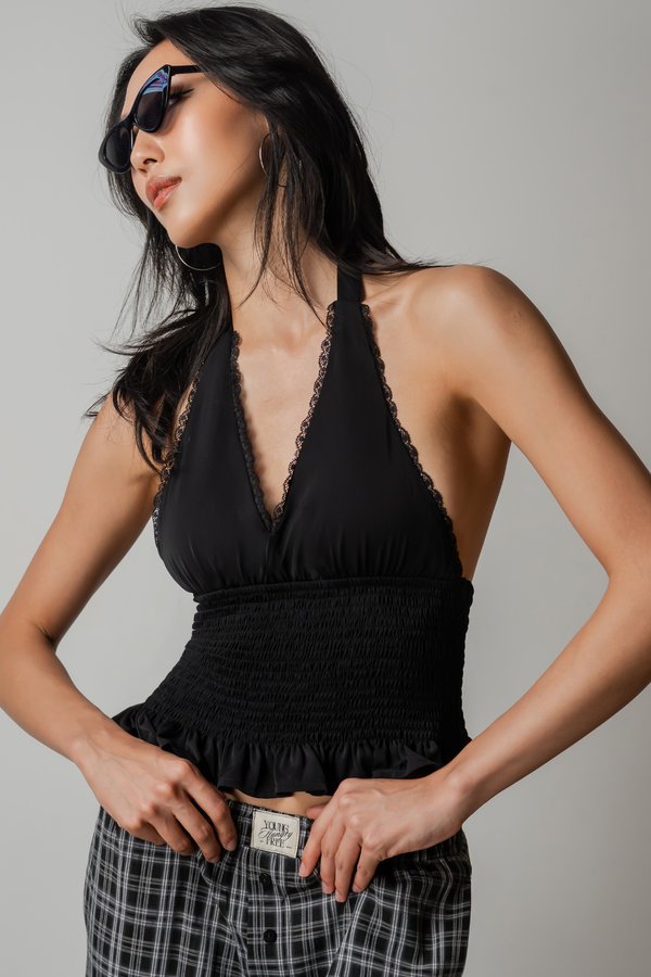 Spot Halter Smocked Top in Black