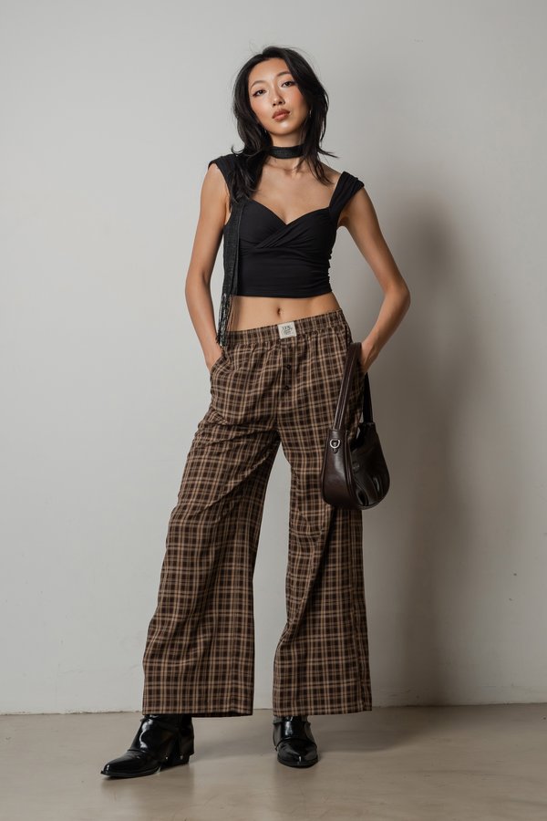 R&amp;R Relaxed Lounge Button Pants Top in Cocoa Brown Checkered