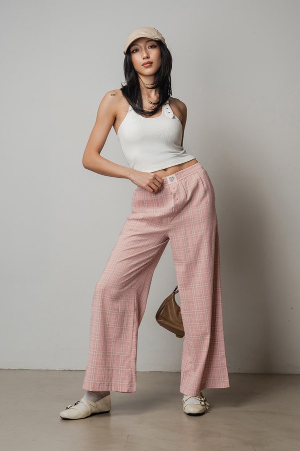 R&amp;R Relaxed Lounge Button Pants Top in Pink Grey Checkered