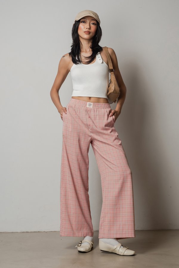 R&amp;R Relaxed Lounge Button Pants Top in Pink Grey Checkered