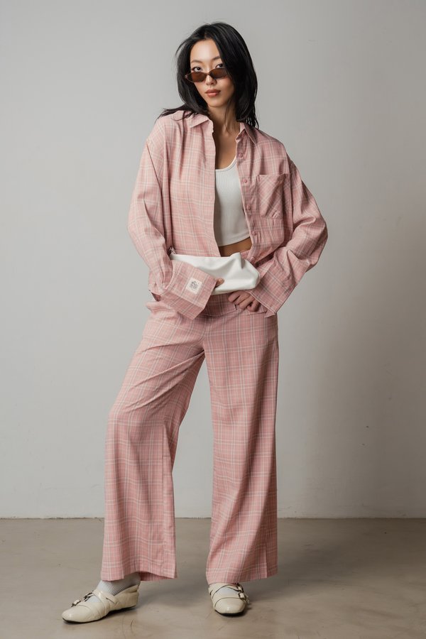 Sedate Lazy Oversized Shirt Button Top in Pink Grey Checkered