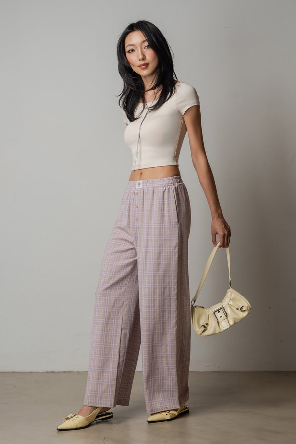 R&amp;R Relaxed Lounge Button Pants Top in Lavender Grey Checkered